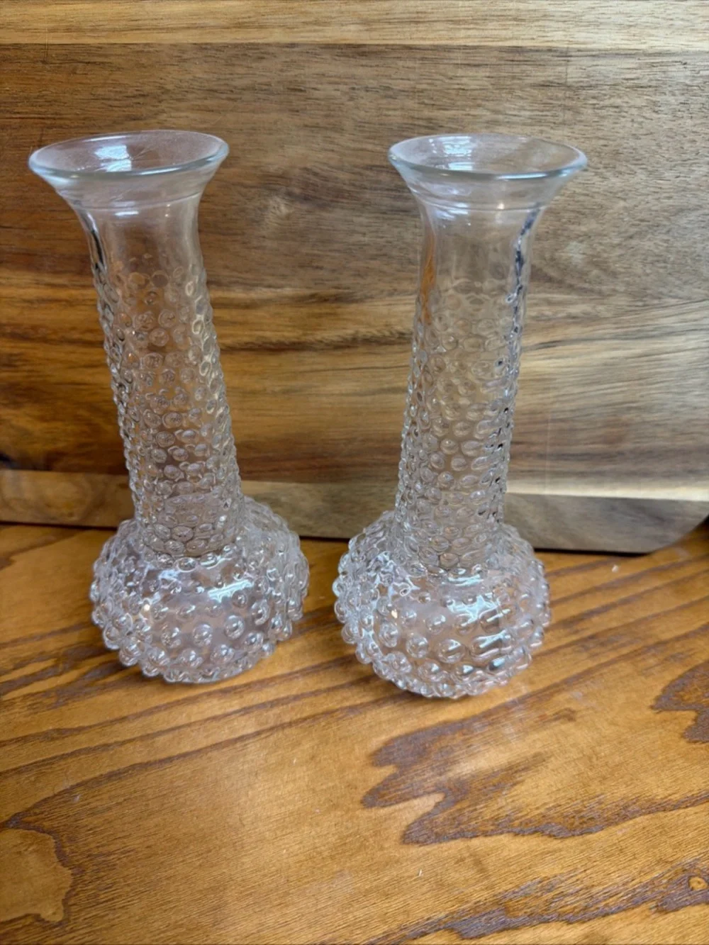 Set of 2 E.O. Brody Hobnail Clear Glass Flower Vases, 1960’s. 7.5” Tall
